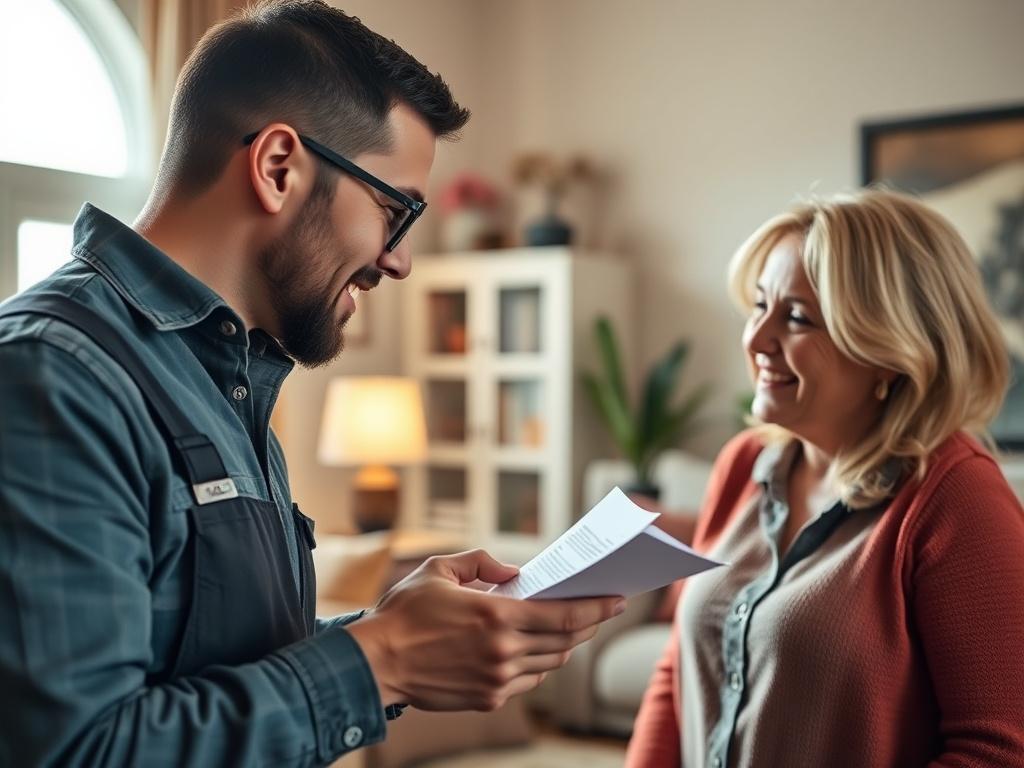 A close-up shot of a contractor discussing feedback with a satisfied homeowner in a well-lit living room, demonstrating customer focus and care.