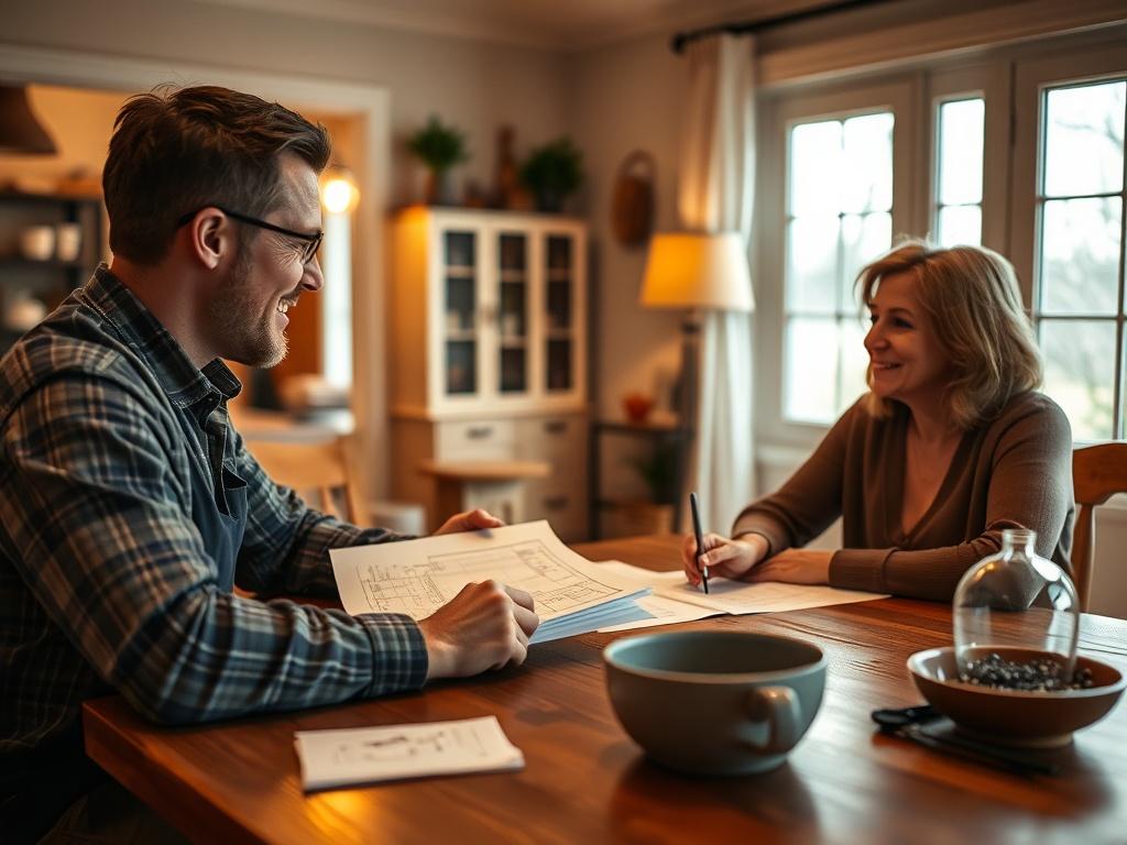 A close-up shot of a friendly contractor speaking with a homeowner at a dining table, showing blueprints and notes, warm lighting, and a cozy home environment.