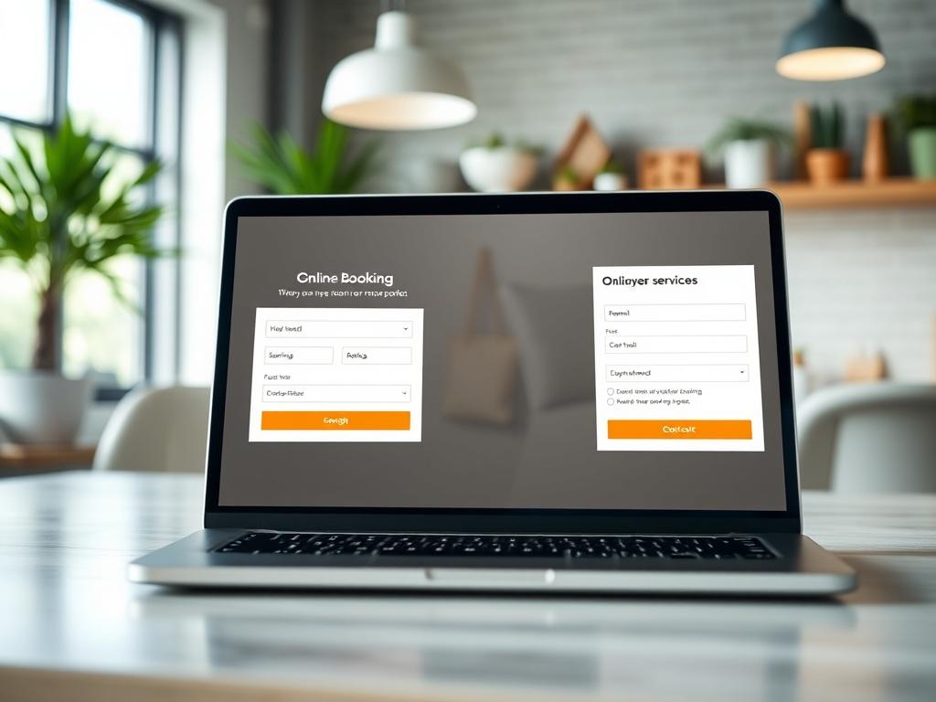 A hyper-realistic close-up shot of a laptop screen displaying an online booking form for home services, bright and inviting workspace background.