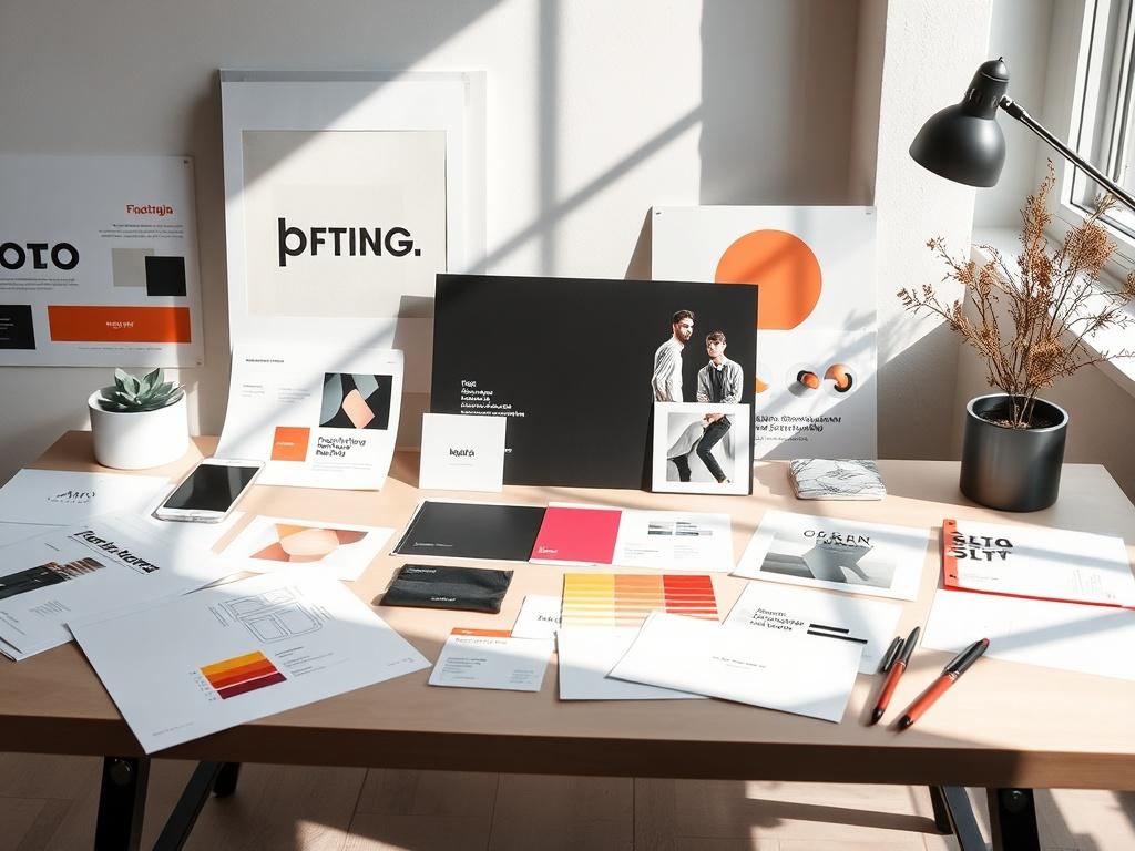 A creative workspace featuring mood boards and design elements for
