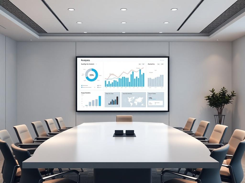 An elegant and modern conference room with a large screen displaying analytics and design mockups. The image should focus on the screen, with clean lines and a professional atmosphere, using a simple color scheme to highlight the importance of data-driven decisions.