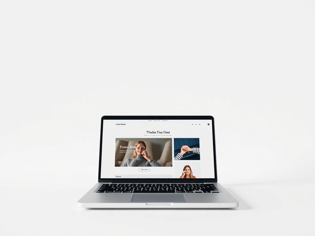 A clean, minimalistic design showcasing a laptop displaying a well-designed website. The background should be simple with soft colors and negative space, emphasizing the laptop and website interface. The laptop should be the single subject in the image, reflecting professionalism and creativity.