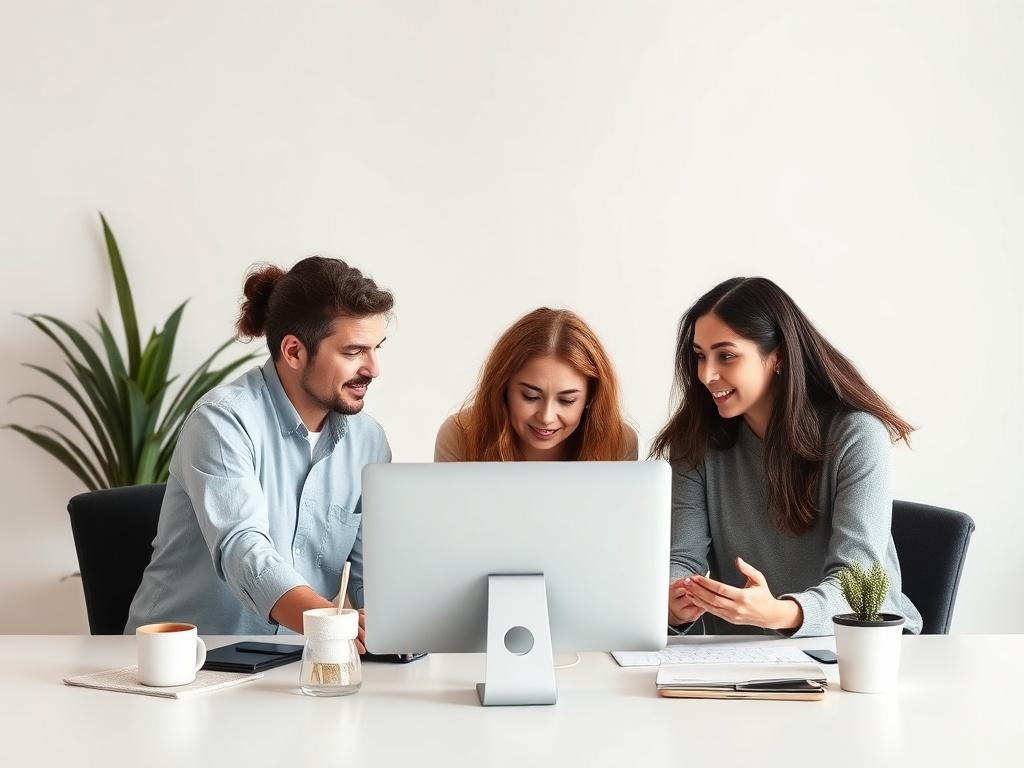 A high-resolution image showcasing a modern office space with a team collaborating over a digital design project. The background should have clean lines and a minimalistic style, emphasizing creativity and teamwork, with an appealing color palette that matches the brand's identity.