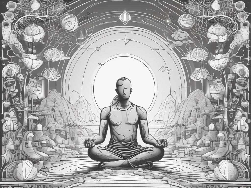 A minimalist black line drawing of a person meditating in