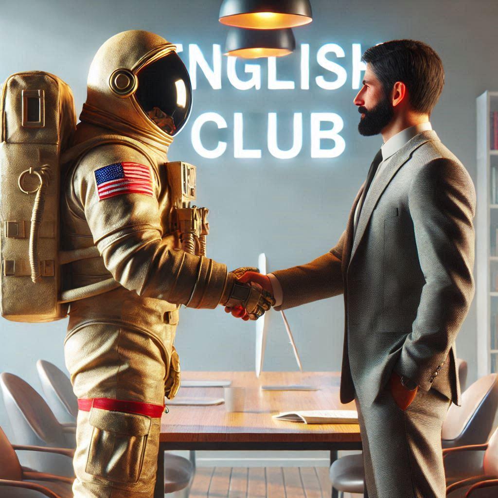 a vivid, realistic photography of a navy seal astronaut doing business and shaking hands with the ceo of a big company in a clear minimalistic office, in the background showing the words english club. 3.png