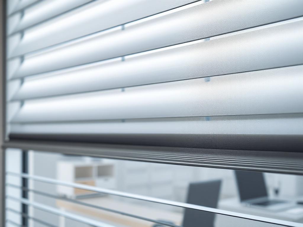 A hyper-realistic close-up of sleek commercial blinds installed in a modern office environment. The blinds should reflect a contemporary design, allowing natural light to filter through, with an emphasis on elegance and professionalism. The background should be subtly blurred, shot with a 45mm f/1.2 lens.