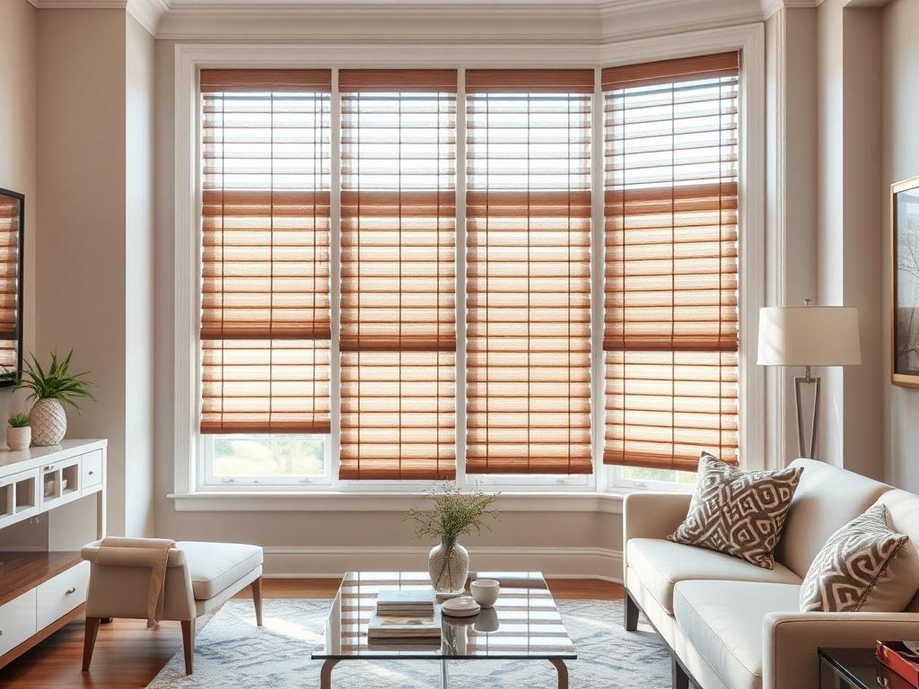 A close-up shot of custom window blinds in a beautifully designed living room. The blinds should showcase a rich texture and color, harmonizing with elegant furnishings. The background should be softly blurred to emphasize the blinds, shot with a 45mm f/1.2 lens for a hyper-realistic effect.