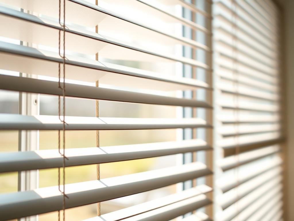 A close-up shot of energy-efficient blinds in a sunlit room, highlighting their stylish design and function. The blinds should showcase features that promote light insulation. The background should be softly blurred, captured with a 45mm f/1.2 lens for hyper-realism.