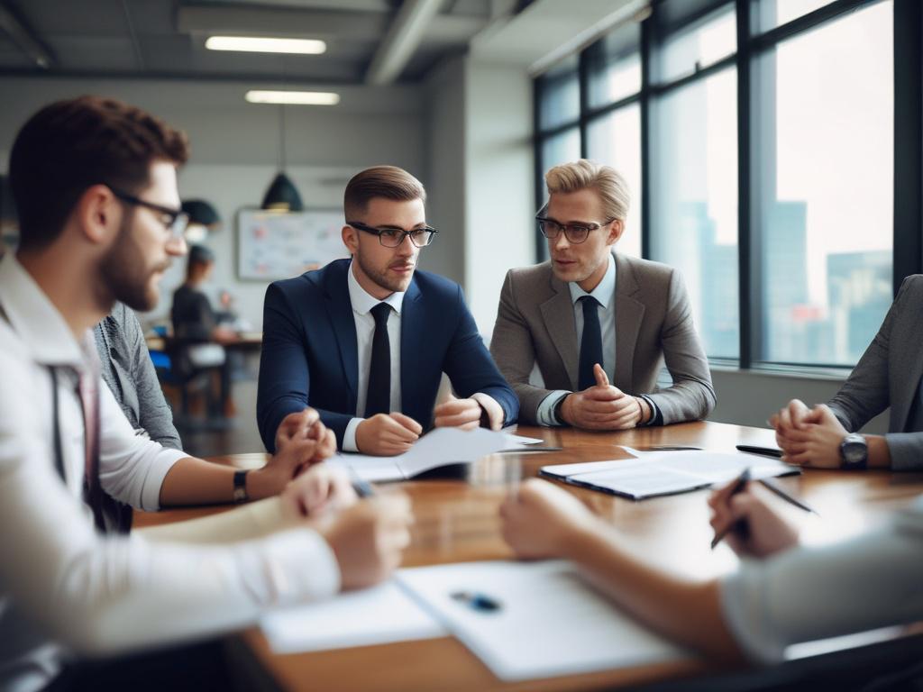 a focused business meeting, close up on a diverse group