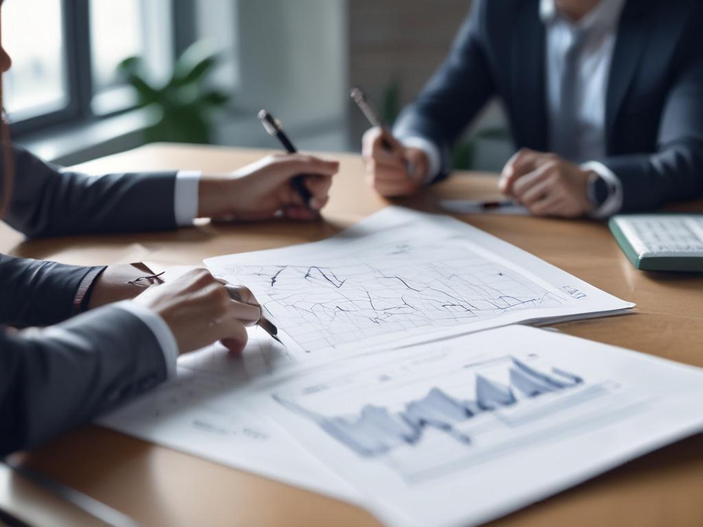 A close-up shot of a collaborative meeting with a diverse group of professionals discussing sales strategy, showcasing charts and graphs on a table, in a modern office environment, soft natural lighting.
