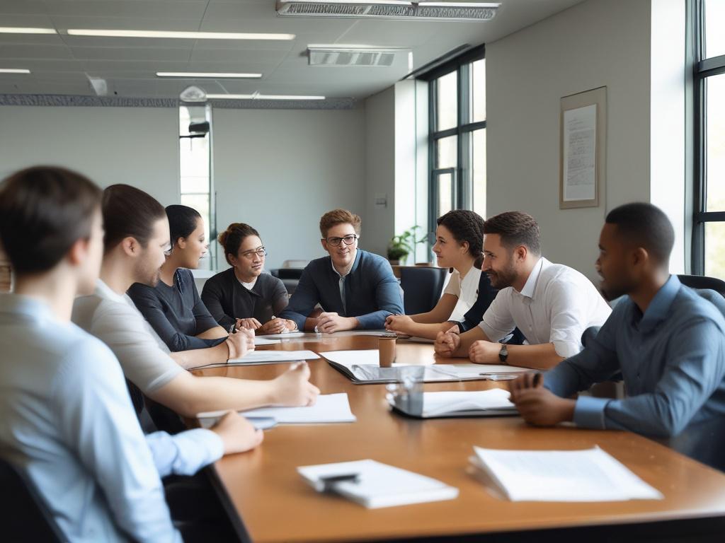 A close-up shot of a dynamic training session with a diverse group of professionals engaged in role-playing exercises, surrounded by training materials in a bright, inviting conference room.
