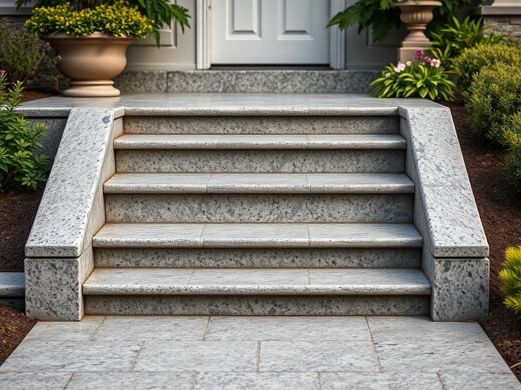 A hyper-realistic close-up of a granite step leading to a front doorway, surrounded by a landscaped garden. The texture of the stone should be prominently displayed, with soft lighting that accentuates the steps' durability and elegance.