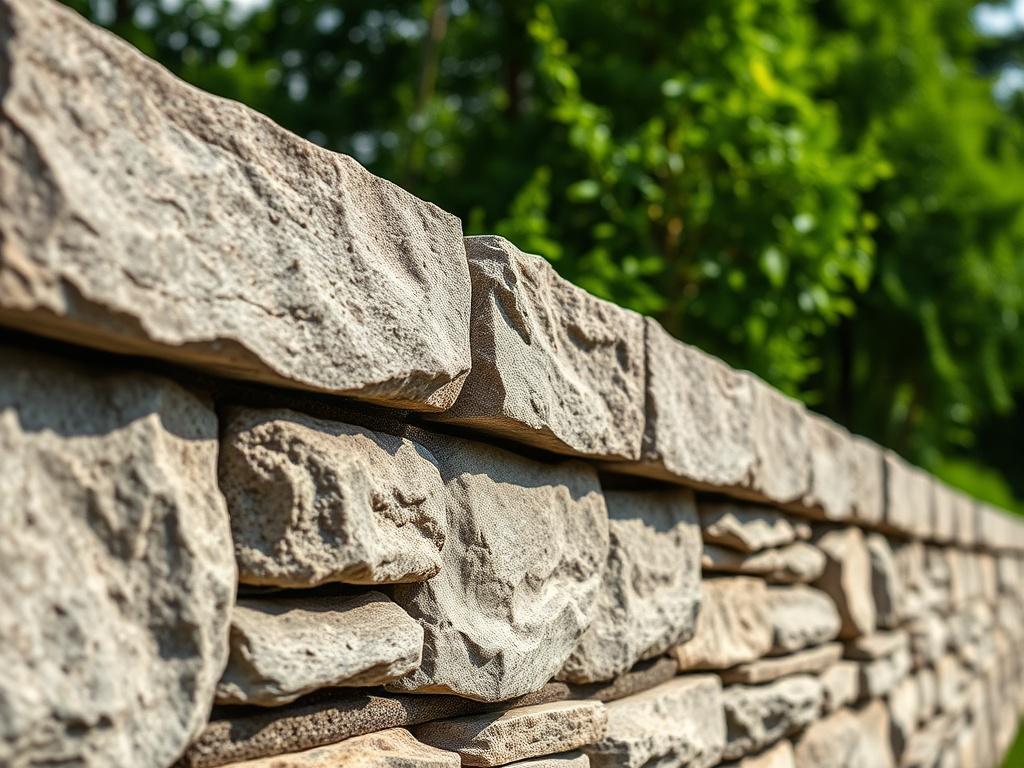 A close-up shot of a well-constructed granite retaining wall with lush greenery in the background, showcasing the natural stone texture and the wall's structural design. The lighting should highlight the details of the stonework, emphasizing durability and craftsmanship.