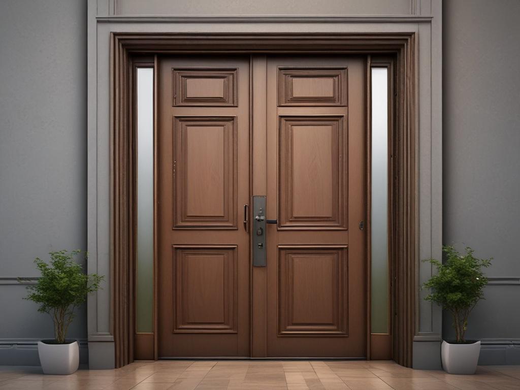 a close-up shot of a durable interior door, hyper-realistic, featuring modern design elements, with a soft focus background, emphasizing the texture and details of the door, captured with a 45mm f/1.2 lens.