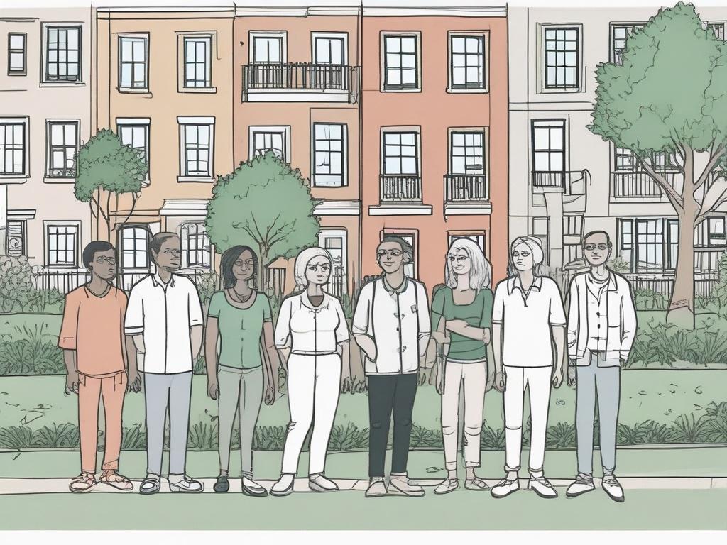 A crisp, solid black line drawing of a diverse group of people standing together in front of a newly developed affordable housing community. The individuals represent various ages and ethnicities, showcasing unity and community spirit. The background features a bright and welcoming neighborhood with trees and green spaces, emphasizing a sense of belonging. The illustration should have a clear and simple composition, focusing solely on the group of people with the housing community behind them.