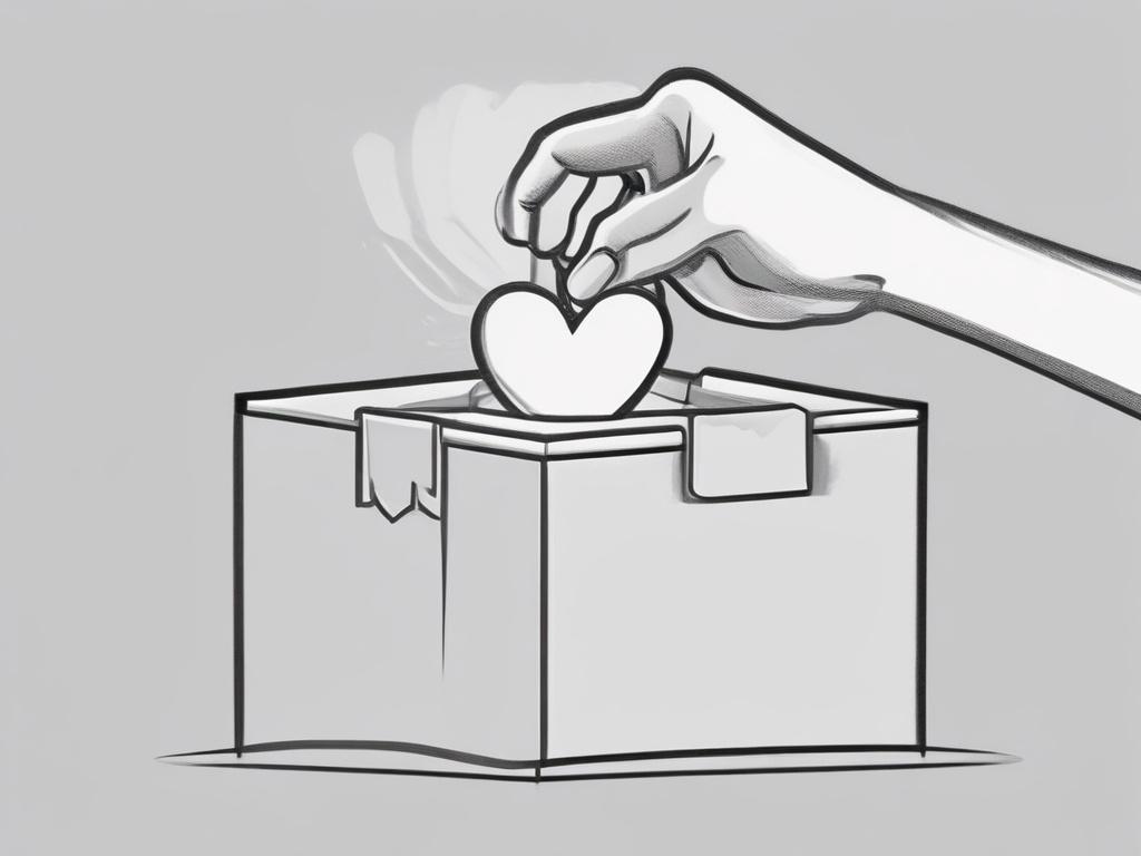 A simple and clear illustration of a hand placing a heart-shaped donation into a charity box. The box should be depicted in a solid black line drawing style, emphasizing the act of giving. The background should be minimalistic to keep the focus on the hand and the donation box, with no text or abstract shapes. The image should reflect warmth and generosity, highlighting the importance of community support.