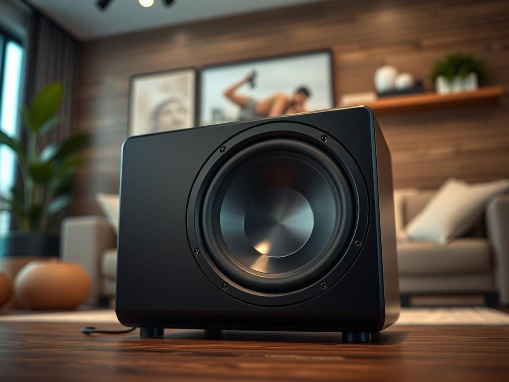 A hyper realistic close up of a home theater subwoofer,