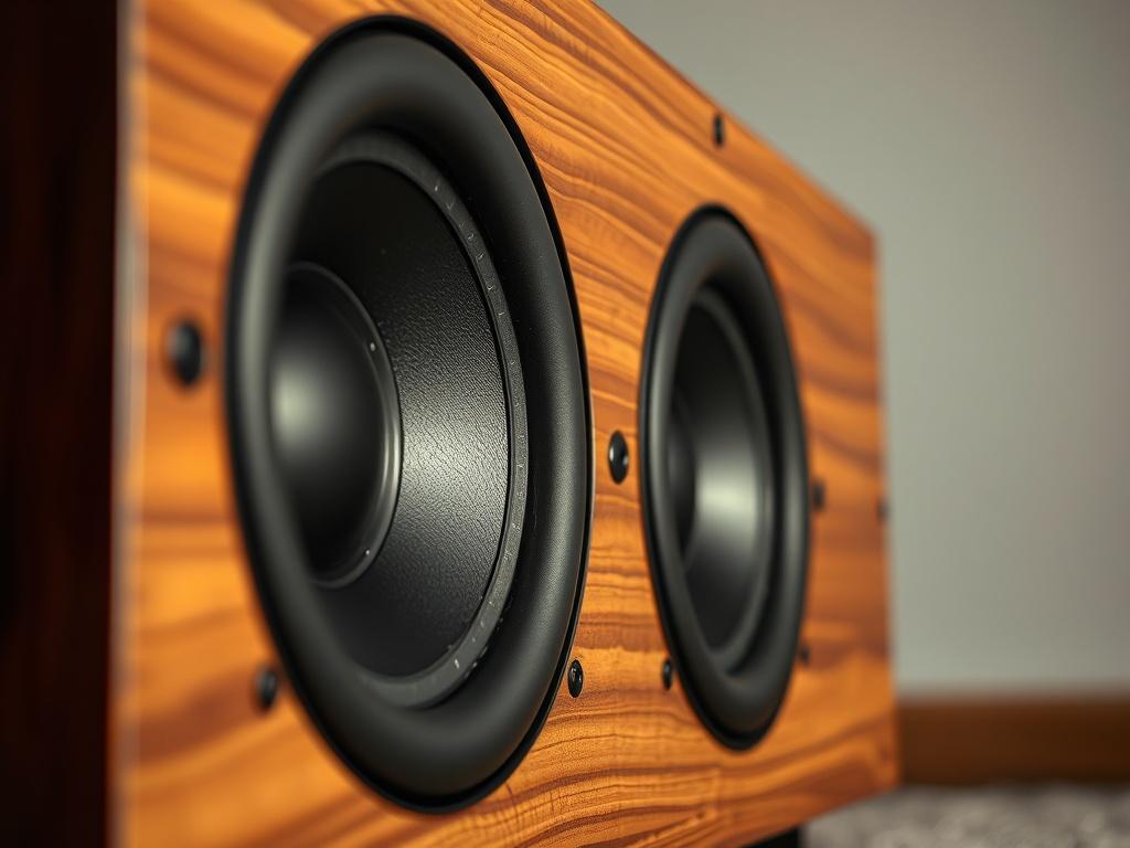 A close-up shot of a custom subwoofer showcasing its sleek design and craftsmanship. The focus is on the intricate details of the subwoofer's materials, like wood grain and speaker components, set against a simple, neutral background. The image should convey a sense of quality and precision, emphasizing the uniqueness of the product.