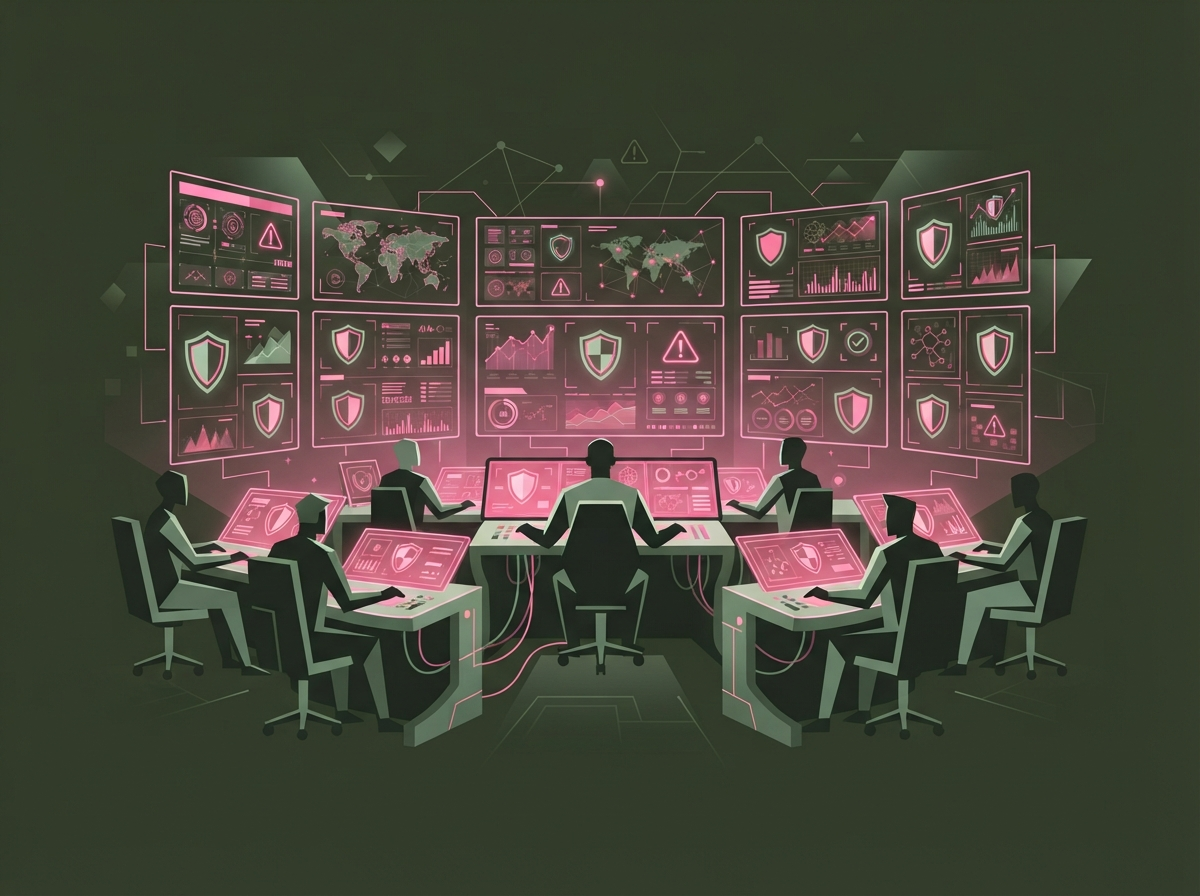 Abstract security operations team monitoring glowing dashboard panels