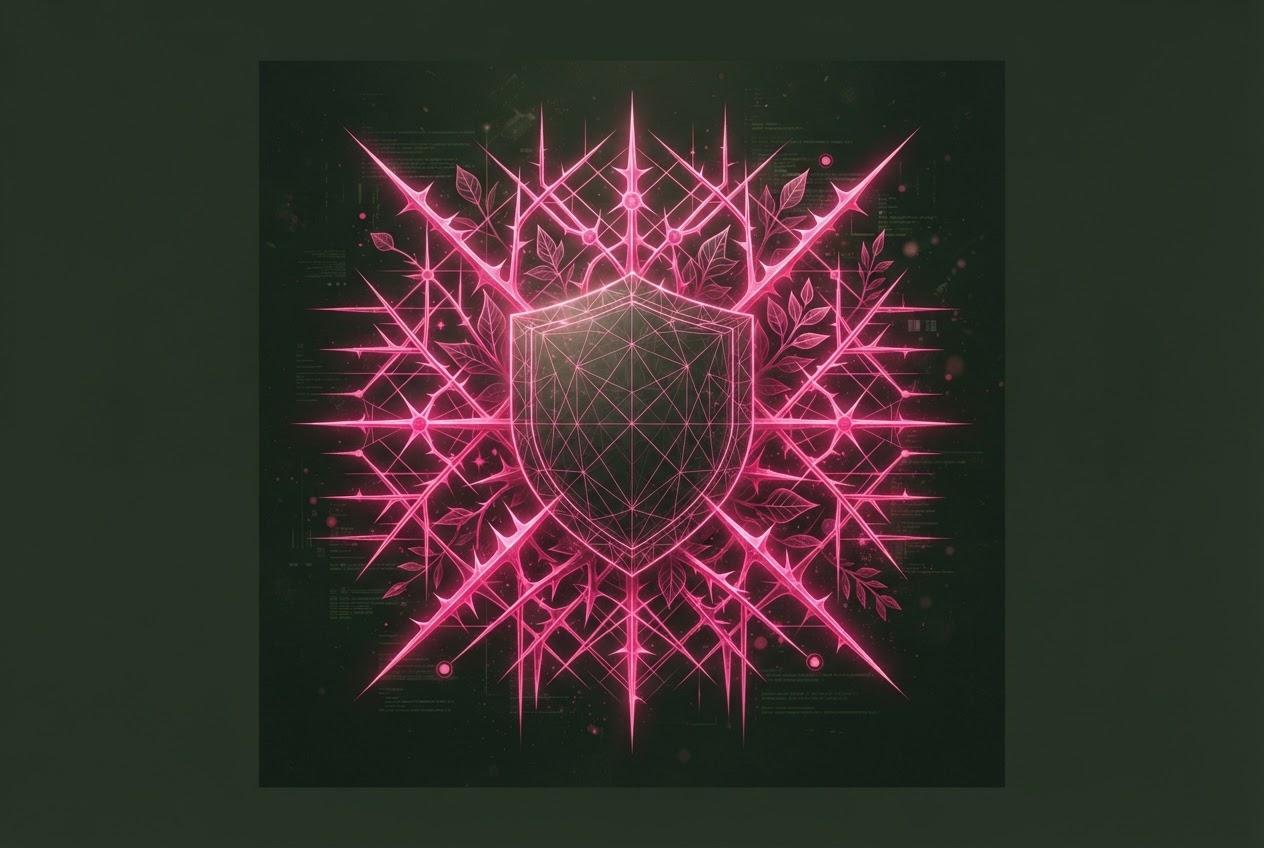 Abstract geometric thorn defense pattern with glowing pink accents on deep olive green