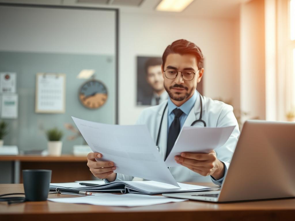 A focused close-up shot of a healthcare professional reviewing medical documents in a well-lit office setting. The professional is engaged and appears confident, with papers and a laptop on the desk. The background is softly blurred to emphasize the subject. The color palette should include warm tones that complement the rgb(122, 86, 4) primary color.