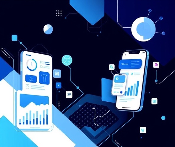 Tech illustration showing web and mobile interfaces