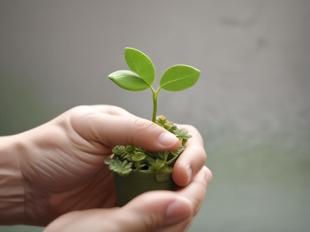 A high-resolution close-up image of a hand holding a small green plant, symbolizing growth and care. The background is softly blurred to emphasize the hand and plant, creating a serene and hopeful atmosphere. The lighting is warm and inviting, enhancing the green color of the plant, with a focus on the texture of the hand and the leaves. Shot with a 45mm f/1.2 lens style.