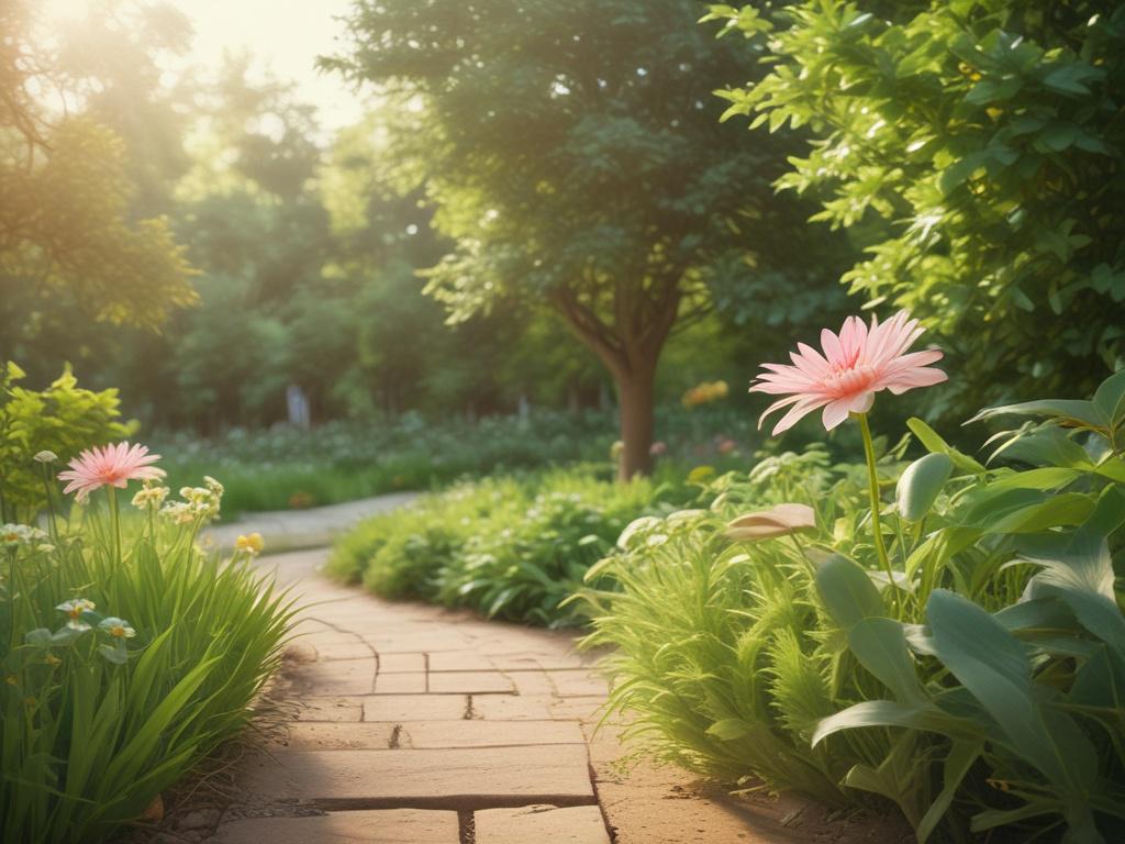 A peaceful garden scene featuring a single blooming flower in