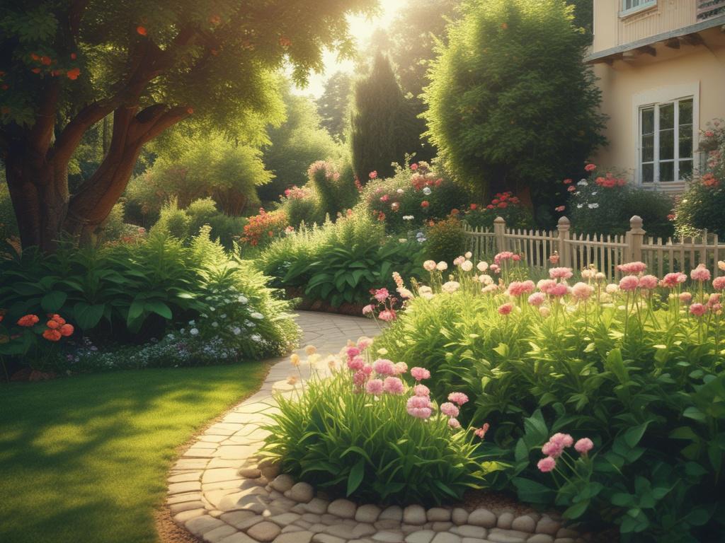 high resolution of a thriving garden with blooming flowers and