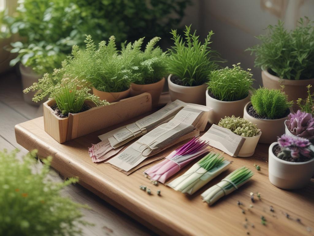 high resolution of a serene garden with various seed packets