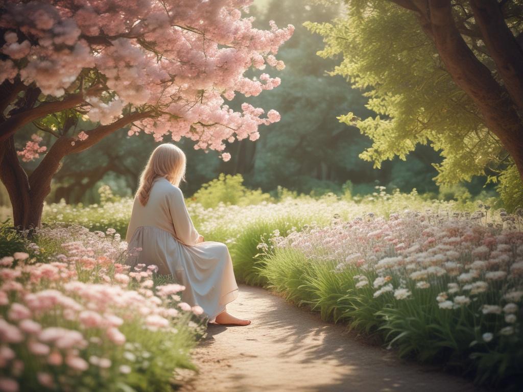high resolution of a serene garden with a person peacefully