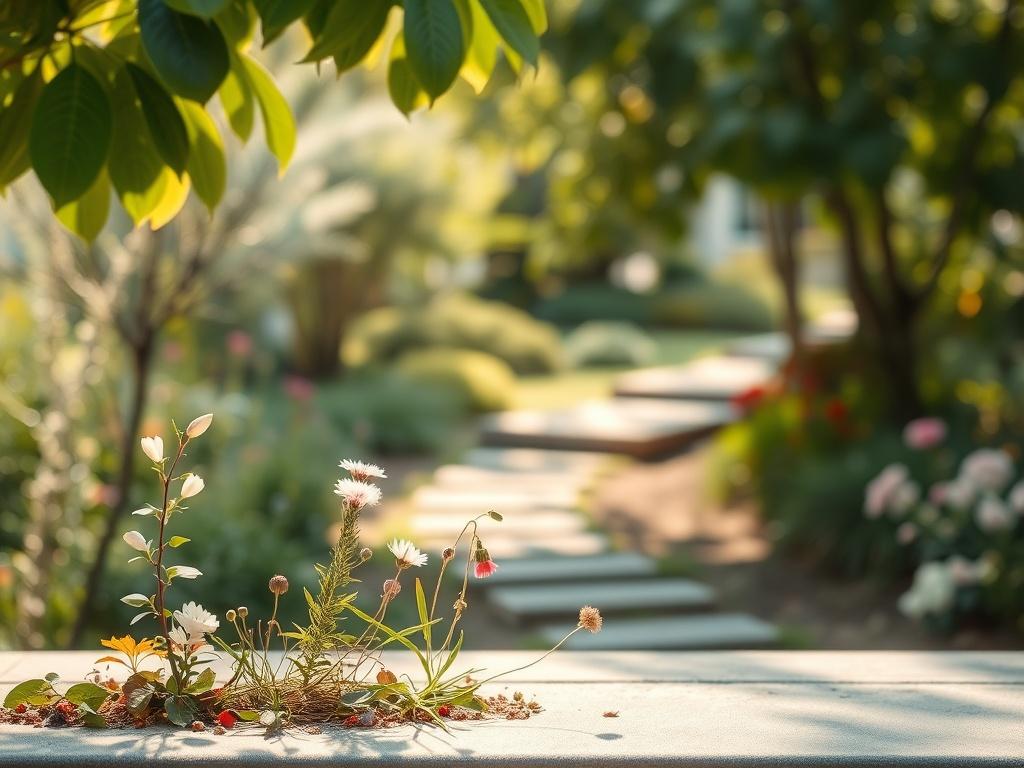 A serene and tranquil garden setting with gentle sunlight filtering through soft green leaves. In the foreground, a delicate arrangement of various plants and flowers, symbolizing growth and remembrance. The background features a peaceful path winding through the garden, inviting reflection and healing. The scene embodies a sense of calm, connection, and nature's beauty, with soft tones and gentle lighting to create an atmosphere of comfort.