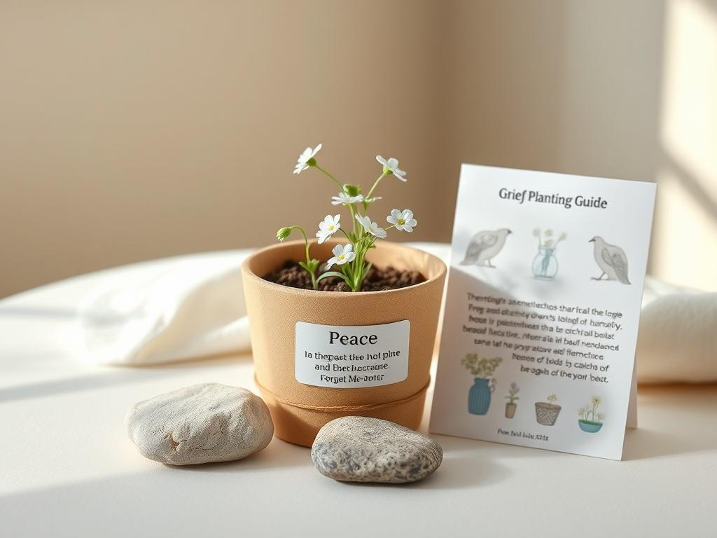 A serene high-resolution photo featuring a biodegradable planter with Forget-Me-Not seeds, a Peace affirmation stone beside it, and a beautifully illustrated grief planting guide. The background should be softly lit with gentle, natural tones, creating a peaceful atmosphere that evokes feelings of remembrance and healing. The composition should be simple and clear, focusing solely on the kit's components.