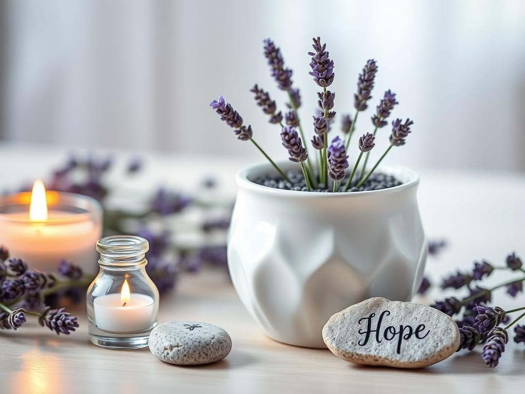 A serene composition featuring an elegant ceramic planter filled with lavender seeds, surrounded by a lit ritual candle, a small memory vial, and an engraved Hope stone. Soft, gentle lighting creates a peaceful atmosphere, enhancing the calming effect of the lavender. The background is softly blurred, emphasizing the beauty of the kit's components, inviting the viewer to experience a moment of tranquility.