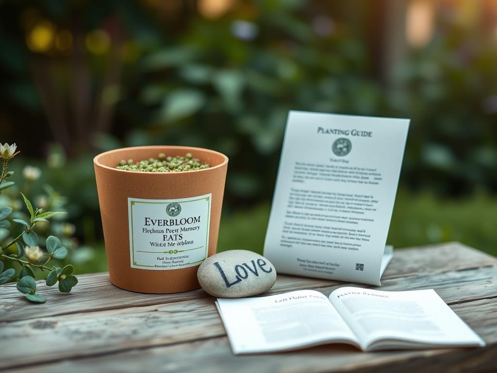 A realistic high-resolution image of the Everbloom Pet Memory Kit (Cat Edition). The image features a biodegradable pot filled with catnip seeds, a smooth Love stone beside it, and an open planting guide. The background is a tranquil garden setting with soft, natural lighting and gentle tones, evoking a peaceful atmosphere. The focus is solely on the kit elements, showcasing their details clearly.