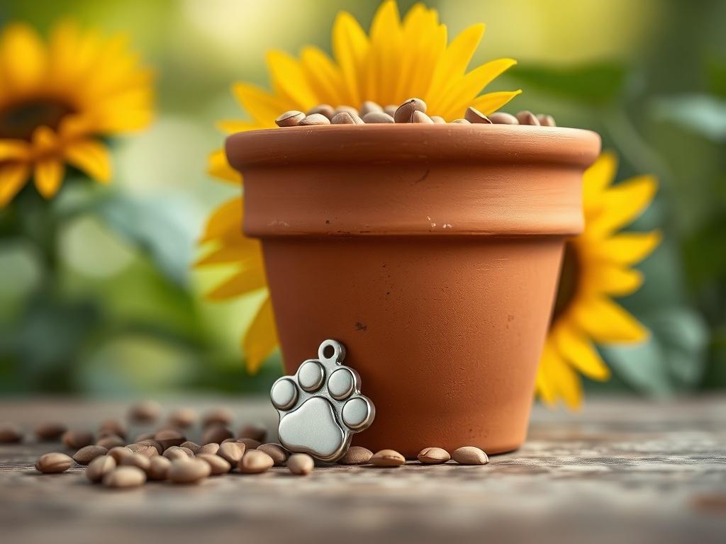 A serene high-resolution image of a terracotta pot filled with sunflower seeds, complemented by an engraved paw charm resting beside it. The background should feature soft, natural lighting and gentle greenery to create a peaceful atmosphere. The focus should be on the terracotta pot and paw charm, with the sunflowers subtly suggested in the background, reflecting warmth and love.
