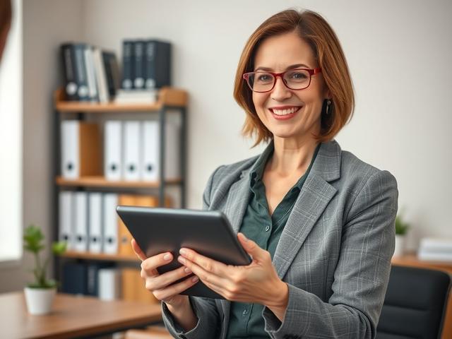 Create a realistic high-resolution photo that visually reflects the essence of the blog titled "HR Consultants Do More Than Fix Problems—They Prevent Them." The composition should be simple and clear, featuring a single subject: a confident, professional HR consultant in an office setting. 

The subject, a middle-aged woman with a friendly expression, should be positioned in the foreground, confidently holding a tablet while engaging in a conversation with someone just off-camera. She should be dressed in b