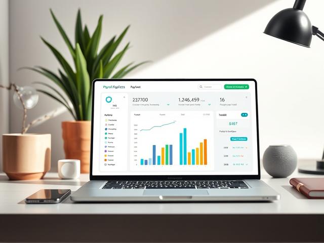 Create a high-resolution, hyper-realistic image that captures the essence of modern payroll technology. Focus on a sleek, modern desktop setup featuring a cutting-edge laptop with an open payroll software interface displayed prominently on the screen. The background should be minimalist, with soft, neutral colors that highlight the laptop as the main subject. 

Ensure there are no distractions—just the laptop as the focal point. The laptop should have a clean design, showcasing a user-friendly interface wit