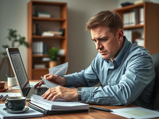 **AI Image Generation Prompt:**

Create a realistic high-resolution photo featuring a single, focused subject: a distressed small business consultant, a middle-aged man with short brown hair, sitting at a cluttered desk in an office environment. His expression should convey frustration and concern, as he reviews a stack of payroll documents and employee benefit brochures. 

The desk should have a laptop open with spreadsheets visible on the screen, alongside a coffee cup and a few pens scattered. In the bac