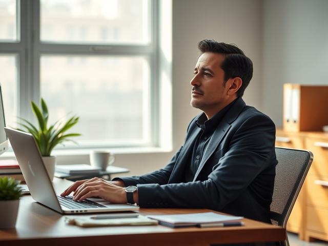 Create a realistic high-resolution photo that captures the essence of a service designed to alleviate frustrations related to payroll, benefits, and compliance. The image should feature a single person sitting at their desk, visibly relieved and focused, portraying a sense of peace and confidence in the midst of a workday. This individual, a business professional in their 30s or 40s, should be engaged with a laptop, showcasing a user-friendly interface on the screen that represents an all-in-one solution fo