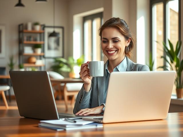 **AI Image Generation Prompt:**

Create a realistic high-resolution photo of a confident office administrator seated at a stylish desk in a modern office space. The subject, a professional-looking woman in her 30s with a friendly smile and relaxed posture, is reviewing documents on a laptop while sipping a steaming cup of coffee. The composition should focus solely on her, emphasizing her expression of relief and empowerment as she contemplates her decision to fire herself from overwhelming administrative t