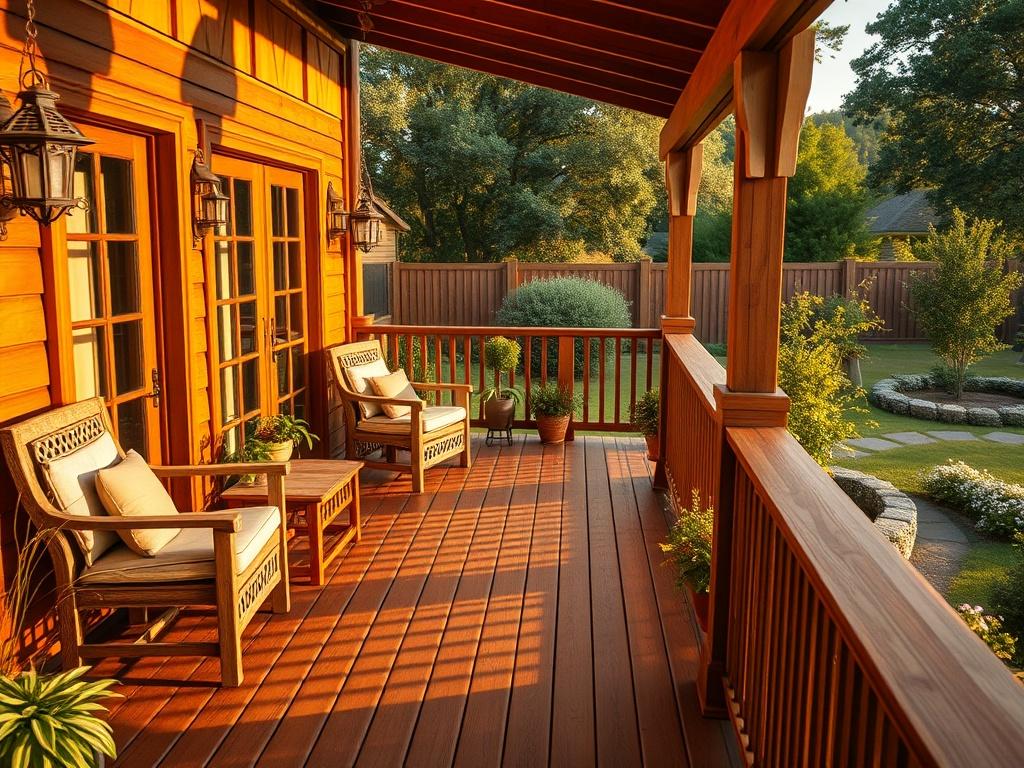 A beautifully crafted wooden deck overlooking a serene garden, featuring