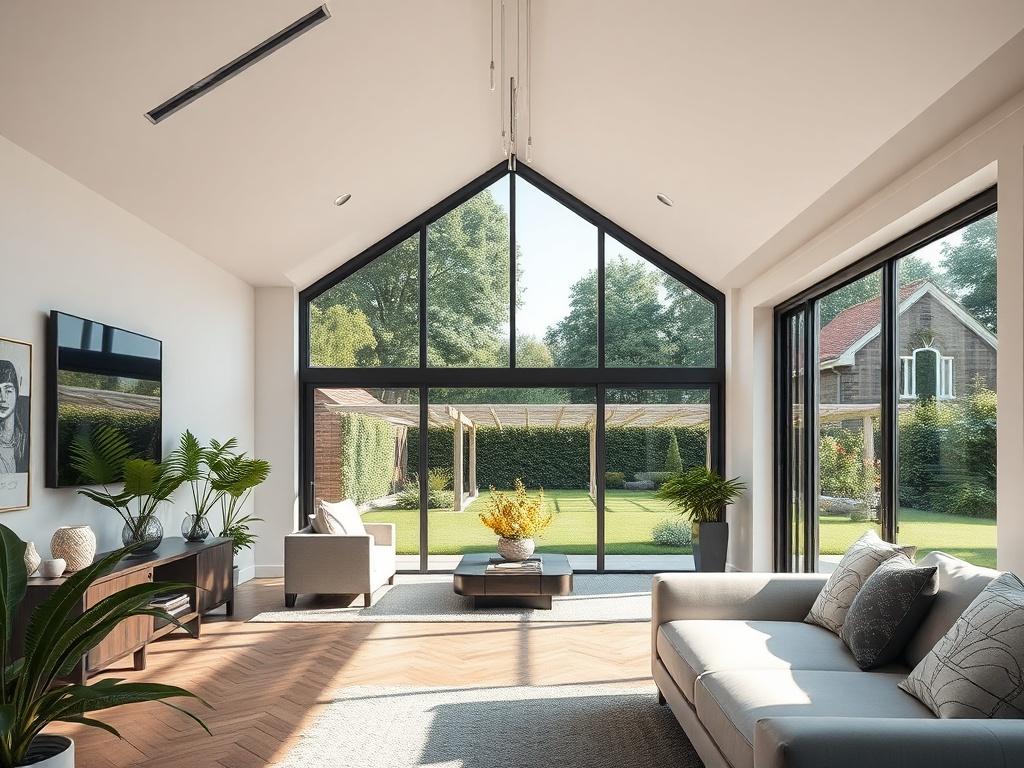 A stunning home extension featuring a spacious living area filled with natural light. The focus should be on large glass doors opening to a beautifully landscaped garden. The interior should showcase modern furnishings and elegant decor, while the exterior blends harmoniously with the original architecture, captured in a realistic high-resolution style with a 45mm f/1.2 lens.
