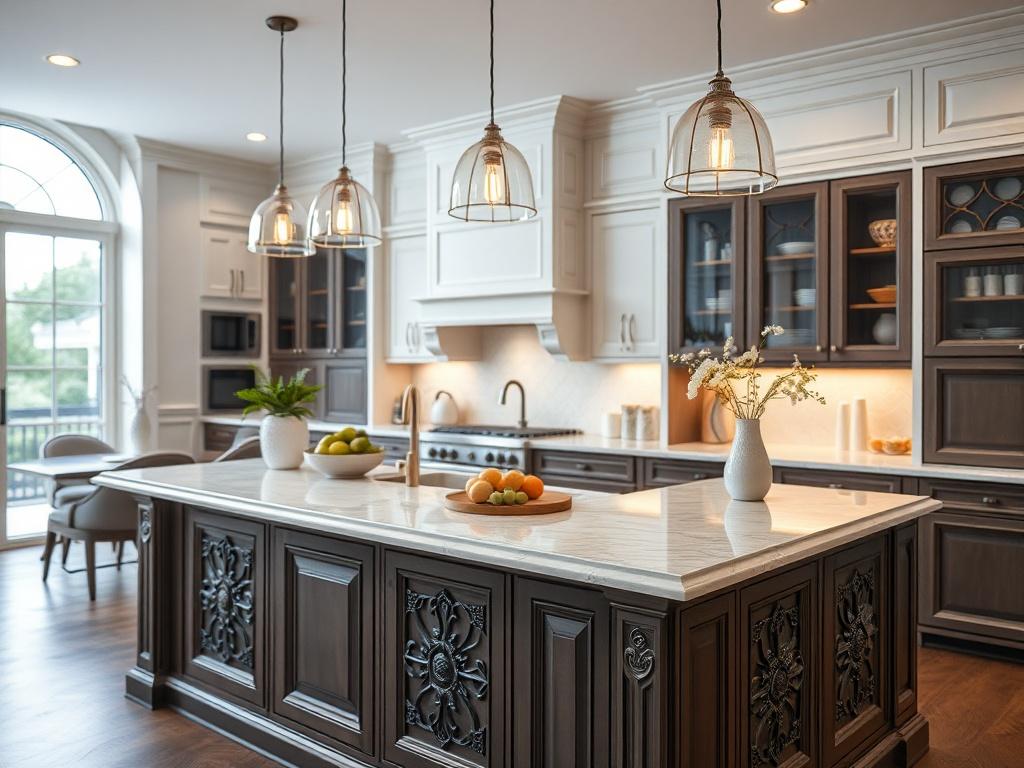 A beautifully renovated kitchen showcasing modern design elements. The composition should focus on the kitchen island with intricate detailing, featuring elegant cabinetry and high-end appliances. The background should be softly blurred to emphasize the kitchen's features, with warm lighting that creates a welcoming atmosphere, shot with a 45mm f/1.2 lens.