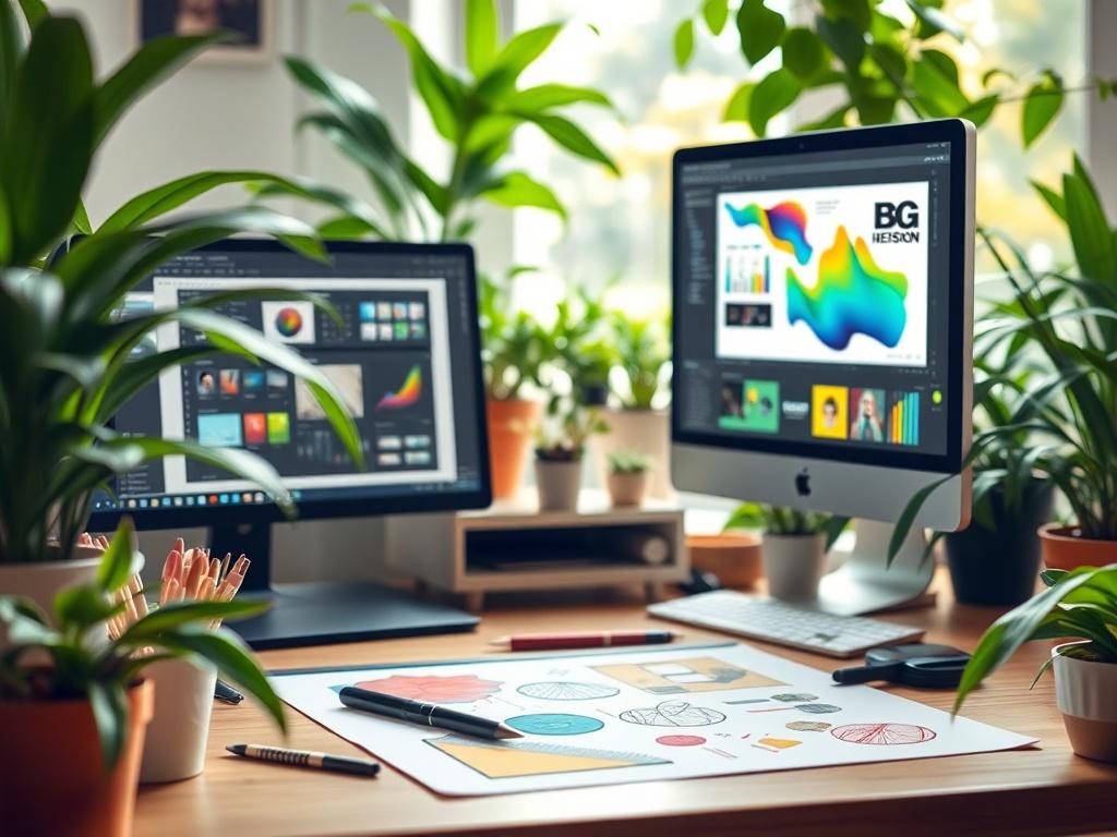 A vibrant graphic design workspace featuring a designer's desk with