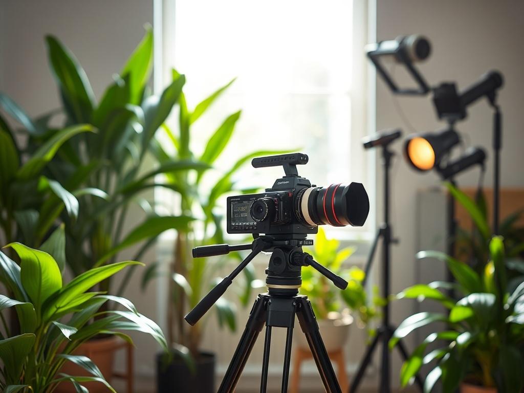 A modern video production setup featuring a high definition camera