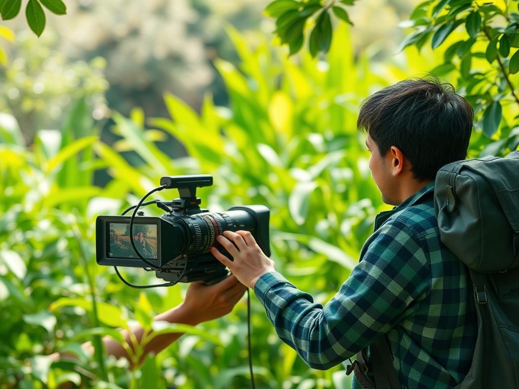 A realistic high resolution showing a filmmaker capturing a vibrant