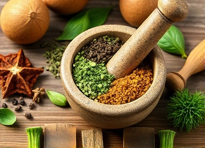 Botanical medicine preparation with mortar and pestle