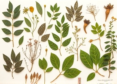 Pressed botanical specimens and native plant leaves