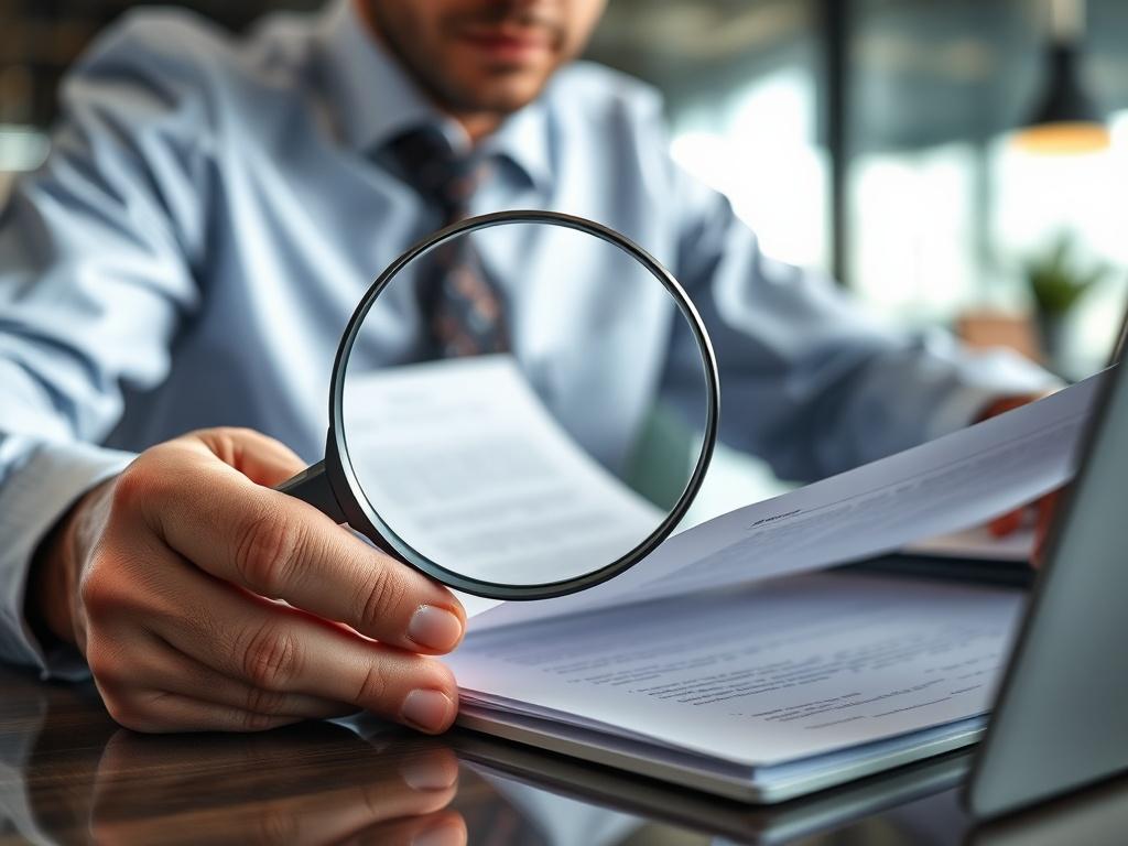 A close-up shot of a financial consultant reviewing documents related to due diligence, with a focus on a magnifying glass inspecting a contract. The background should be a clean, modern office environment with soft lighting, emphasizing professionalism and attention to detail. The color scheme should reflect the primary color rgb(50, 170, 39), incorporating elements like a notepad and a laptop in the scene.